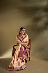 Dista Elora Pure Soft Silk Woven Designed Banarasi Saree- Cream & Light Pink, view 5