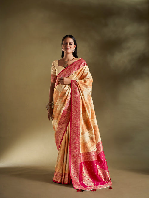 Dista Elora Pure Soft Silk Woven Designed Banarasi Saree- Cream & Orange