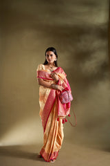 Dista Elora Pure Soft Silk Woven Designed Banarasi Saree- Cream & Orange, view 2
