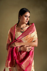 Dista Elora Pure Soft Silk Woven Designed Banarasi Saree- Cream & Orange, view 3