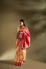 Dista Elora Pure Soft Silk Woven Designed Banarasi Saree- Cream & Orange, view 4