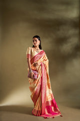 Dista Elora Pure Soft Silk Woven Designed Banarasi Saree- Cream & Orange, view 5