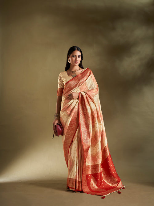 Dista Elora Pure Soft Silk Woven Designed Banarasi Saree- Cream & Pink