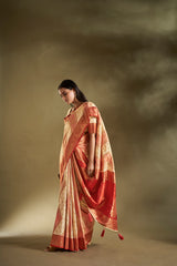 Dista Elora Pure Soft Silk Woven Designed Banarasi Saree- Cream & Pink, view 3