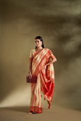 Dista Elora Pure Soft Silk Woven Designed Banarasi Saree- Cream & Pink, view 4