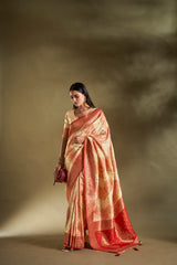 Dista Elora Pure Soft Silk Woven Designed Banarasi Saree- Cream & Pink, view 5