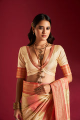 Dista Elora Pure Soft Silk Woven Designed Banarasi Saree- Cream & Pink, view 6