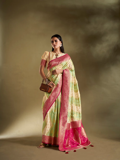 Dista Elora Pure Soft Silk Woven Designed Banarasi Saree- Cream & Sea Green