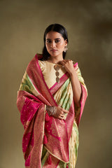 Dista Elora Pure Soft Silk Woven Designed Banarasi Saree- Cream & Sea Green, view 2