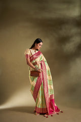 Dista Elora Pure Soft Silk Woven Designed Banarasi Saree- Cream & Sea Green, view 3