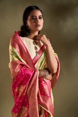 Dista Elora Pure Soft Silk Woven Designed Banarasi Saree- Cream & Sea Green, view 4