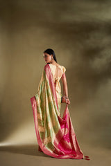 Dista Elora Pure Soft Silk Woven Designed Banarasi Saree- Cream & Sea Green, view 5