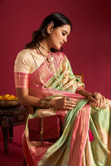 Dista Elora Pure Soft Silk Woven Designed Banarasi Saree- Cream & Sea Green, view 6