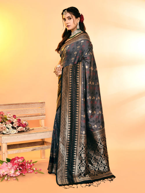 Dista Elora Pure Soft Silk Woven Designed Banarasi Saree- Grey
