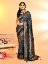 Dista Elora Pure Soft Silk Woven Designed Banarasi Saree- Grey, view 2