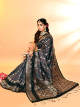 Dista Elora Pure Soft Silk Woven Designed Banarasi Saree- Grey, view 4