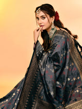 Dista Elora Pure Soft Silk Woven Designed Banarasi Saree- Grey, view 6