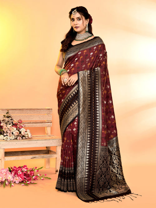 Dista Elora Pure Soft Silk Woven Designed Banarasi Saree- Maroon