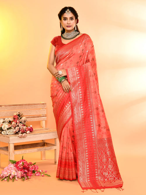 Dista Elora Pure Soft Silk Woven Designed Banarasi Saree- Peach