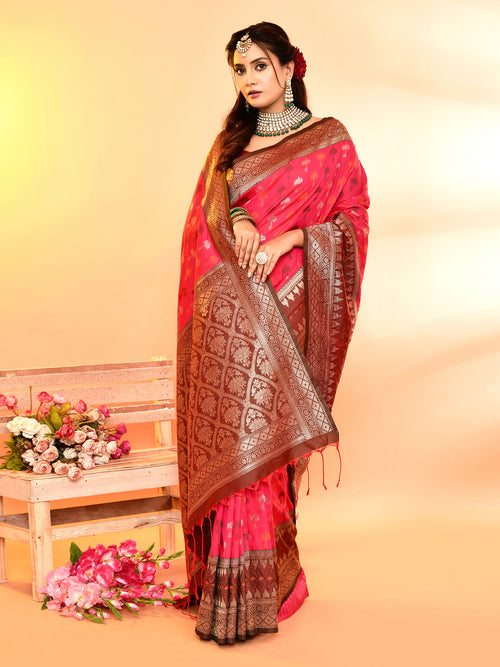 Dista Elora Pure Soft Silk Woven Designed Banarasi Saree- Pink