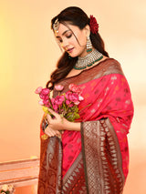 Dista Elora Pure Soft Silk Woven Designed Banarasi Saree- Pink, view 4