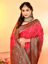 Dista Elora Pure Soft Silk Woven Designed Banarasi Saree- Pink, view 6
