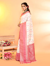 Dista Elora Pure Soft Silk Woven Designed Banarasi Saree- White, view 2