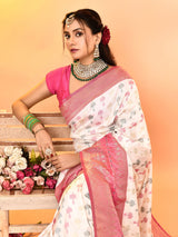Dista Elora Pure Soft Silk Woven Designed Banarasi Saree- White, view 3