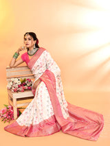 Dista Elora Pure Soft Silk Woven Designed Banarasi Saree- White, view 4