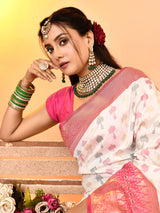 Dista Elora Pure Soft Silk Woven Designed Banarasi Saree- White, view 5