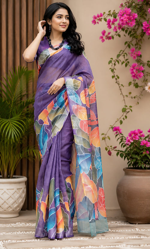 Dista Elora Purple Chanderi Cotton Multicolor Leaf Printed Ready To Wear Saree
