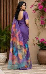 Dista Elora Purple Chanderi Cotton Multicolor Leaf Printed Ready To Wear Saree, view 2