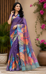 Dista Elora Purple Chanderi Cotton Multicolor Leaf Printed Ready To Wear Saree, view 3