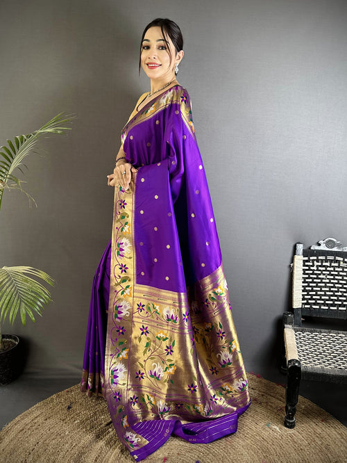 Dista Elora Purple Lichi Silk Floral & Meena Weaving Zari Worked Paithani Saree