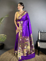 Dista Elora Purple Lichi Silk Floral & Meena Weaving Zari Worked Paithani Saree, view 2