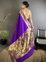 Dista Elora Purple Lichi Silk Floral & Meena Weaving Zari Worked Paithani Saree, view 3