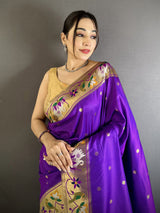 Dista Elora Purple Lichi Silk Floral & Meena Weaving Zari Worked Paithani Saree, view 4