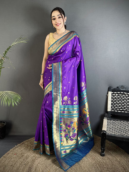 Dista Elora Purple Lichi Silk Floral Motifs Zari Weaving Paithani Saree
