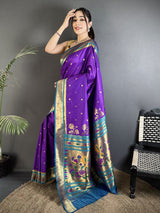 Dista Elora Purple Lichi Silk Floral Motifs Zari Weaving Paithani Saree, view 2