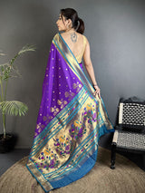 Dista Elora Purple Lichi Silk Floral Motifs Zari Weaving Paithani Saree, view 3