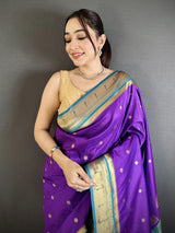 Dista Elora Purple Lichi Silk Floral Motifs Zari Weaving Paithani Saree, view 4