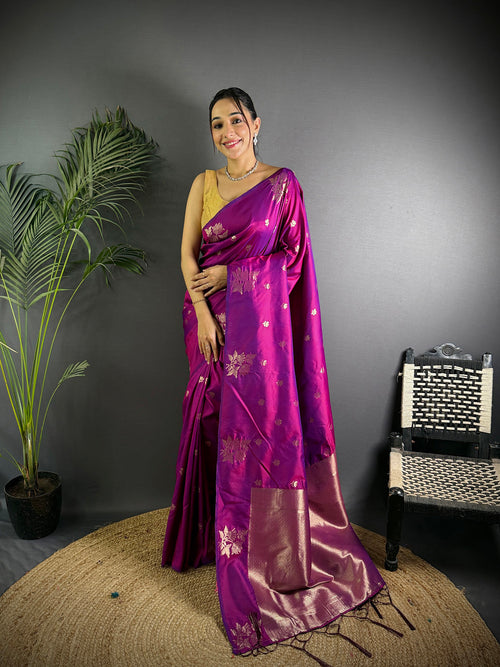 Dista Elora Purple Lichi Silk Flower Zari Weaving Banarasi Saree