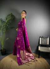 Dista Elora Purple Lichi Silk Flower Zari Weaving Banarasi Saree, view 2