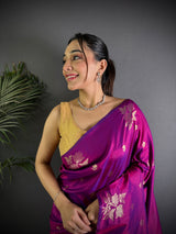 Dista Elora Purple Lichi Silk Flower Zari Weaving Banarasi Saree, view 3