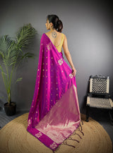 Dista Elora Purple Lichi Silk Flower Zari Weaving Banarasi Saree, view 4