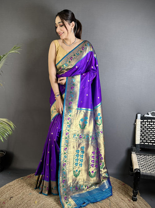 Dista Elora Purple Lichi Silk Ikkat Floral Motifs Zari Woven Paithani Saree