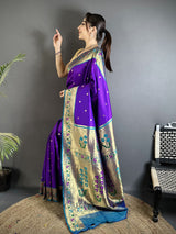 Dista Elora Purple Lichi Silk Ikkat Floral Motifs Zari Woven Paithani Saree, view 2