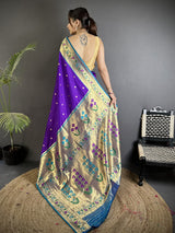 Dista Elora Purple Lichi Silk Ikkat Floral Motifs Zari Woven Paithani Saree, view 3