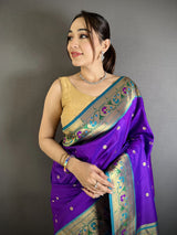 Dista Elora Purple Lichi Silk Ikkat Floral Motifs Zari Woven Paithani Saree, view 4