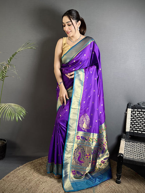 Dista Elora Purple Lichi Silk Paithani Peacock Motifs Zari Work Saree
